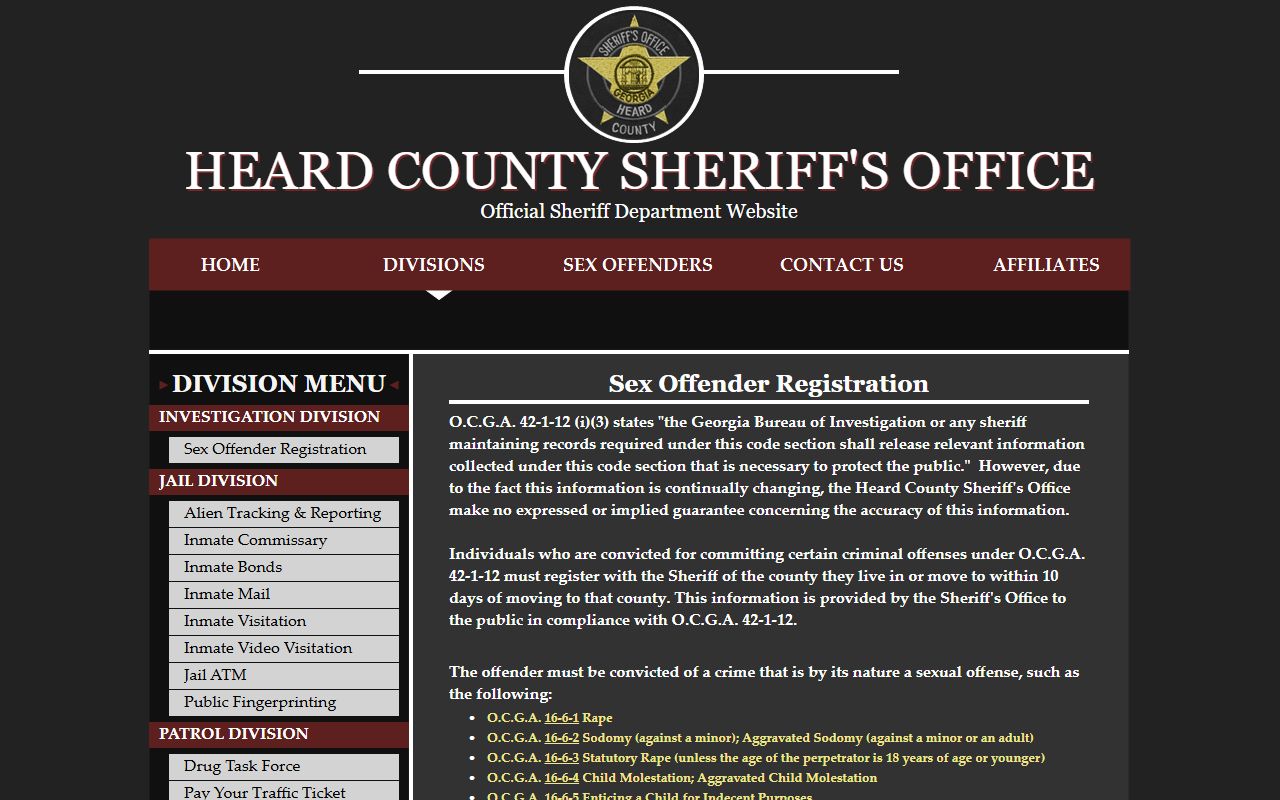Heard County arrest records sex offender registration page