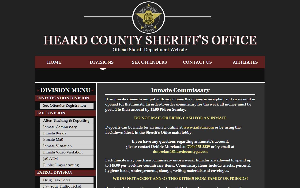 Heard County inmate records commissary deposits and jail account rules