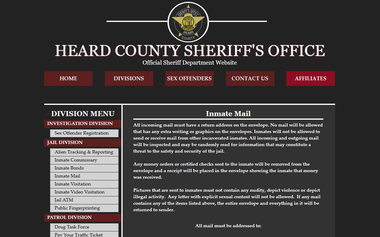 Heard County inmate records mail address and jail mail rules