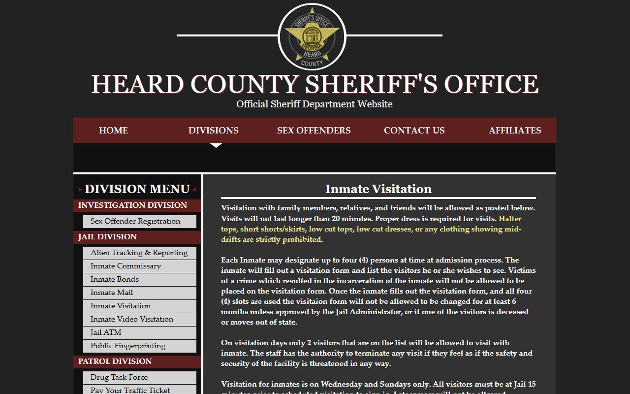 Heard County inmate records visitation schedule and jail visitor rules